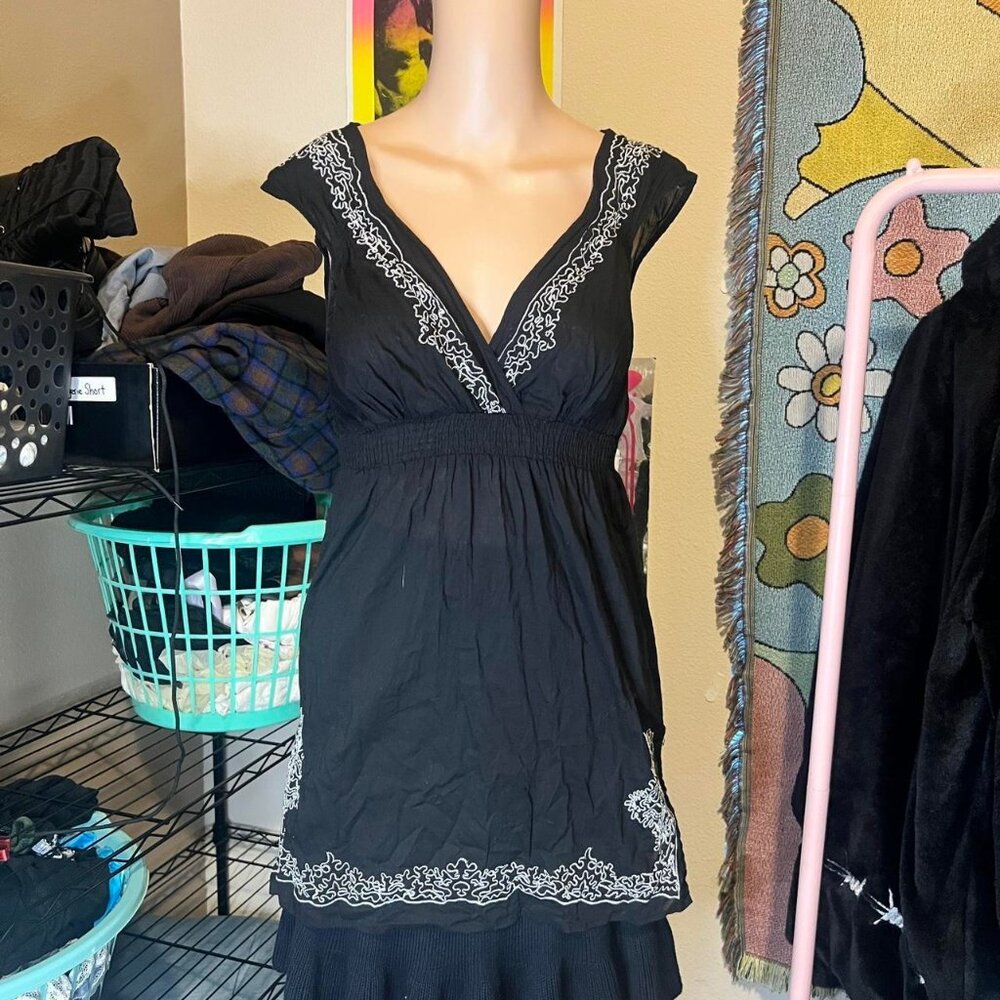 Vintage Anchor Blue Black Floral Embroidered Boho Top
